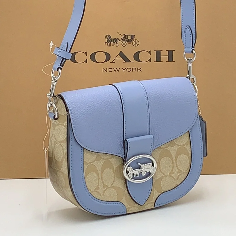 COACH Georgie Saddle Bag In Signat Canvas COLOR:
Silver/Light Khaki/Marble Blue - Picture 3 of 16